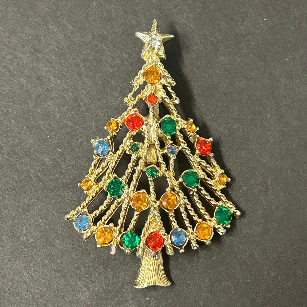 Vintage Christmas Tree Brooch Gold Multi Good Rhinestone Star